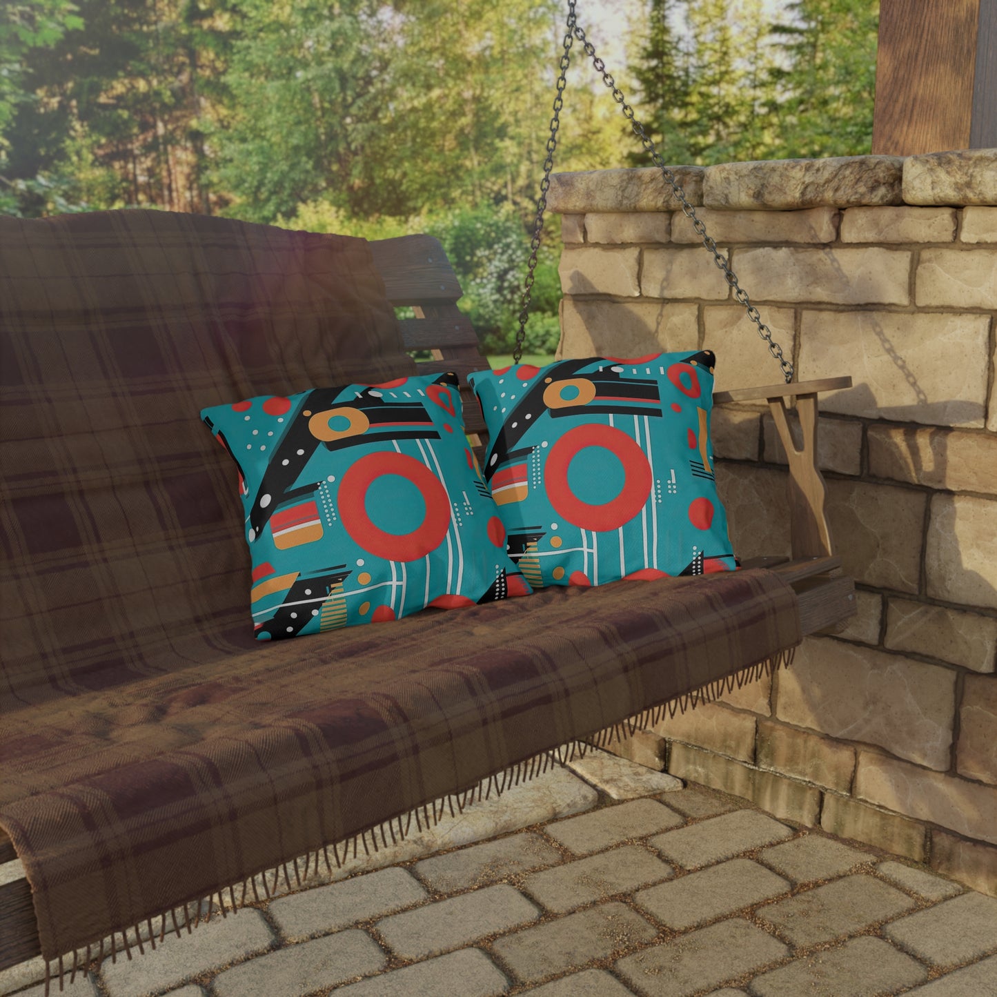 Quantum Rhapsody. Retro-Inspired Futuristic Outdoor Pillows