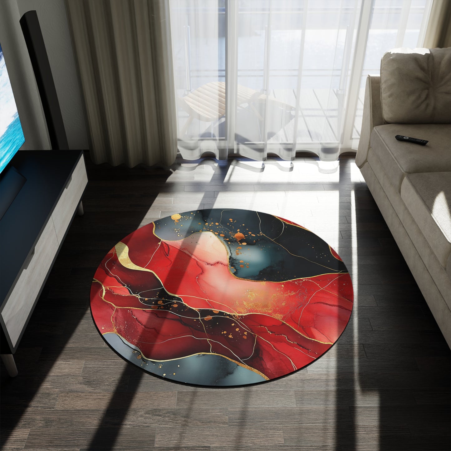 Marbled Cherry Essence. Bohemian Eye Round Rug - Colorful Floor Decor for Vibrant Spaces