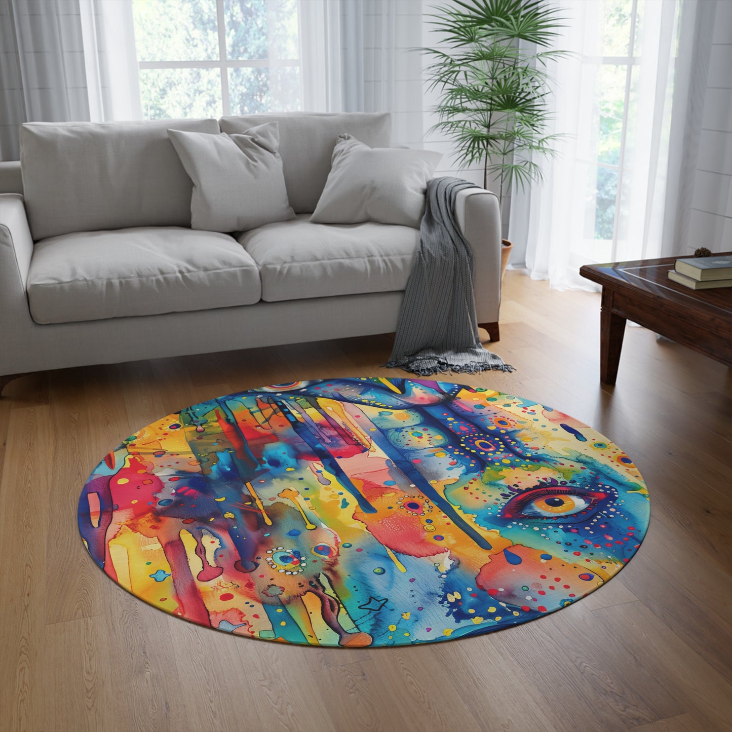Hamsa Jewelburst Bohemian Eye Round Rug - Colorful Floor Decor for Vibrant Spaces