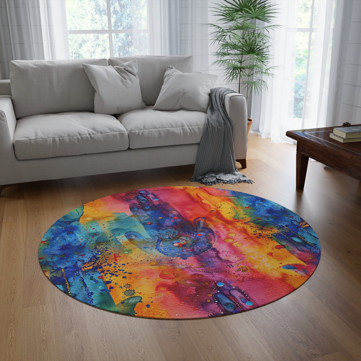 Hamsa Dreamscape. Bohemian Eye Round Rug - Colorful Floor Decor for Vibrant Spaces