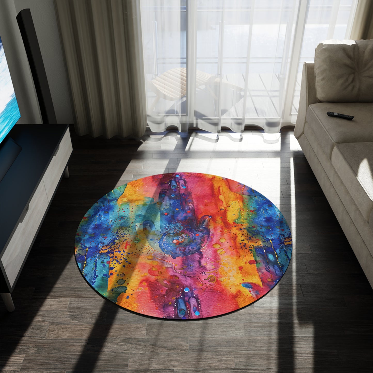 Hamsa Dreamscape. Bohemian Eye Round Rug - Colorful Floor Decor for Vibrant Spaces