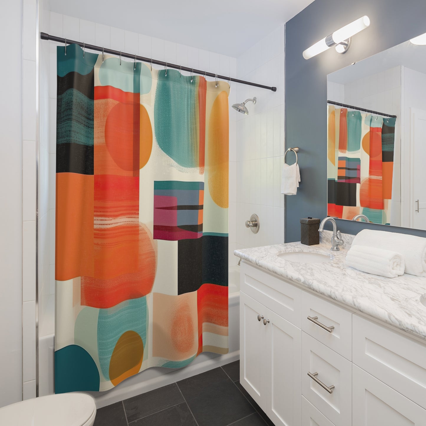 Solar Flare Serenade. Retro-Inspired Avant-Garde Shower Curtains
