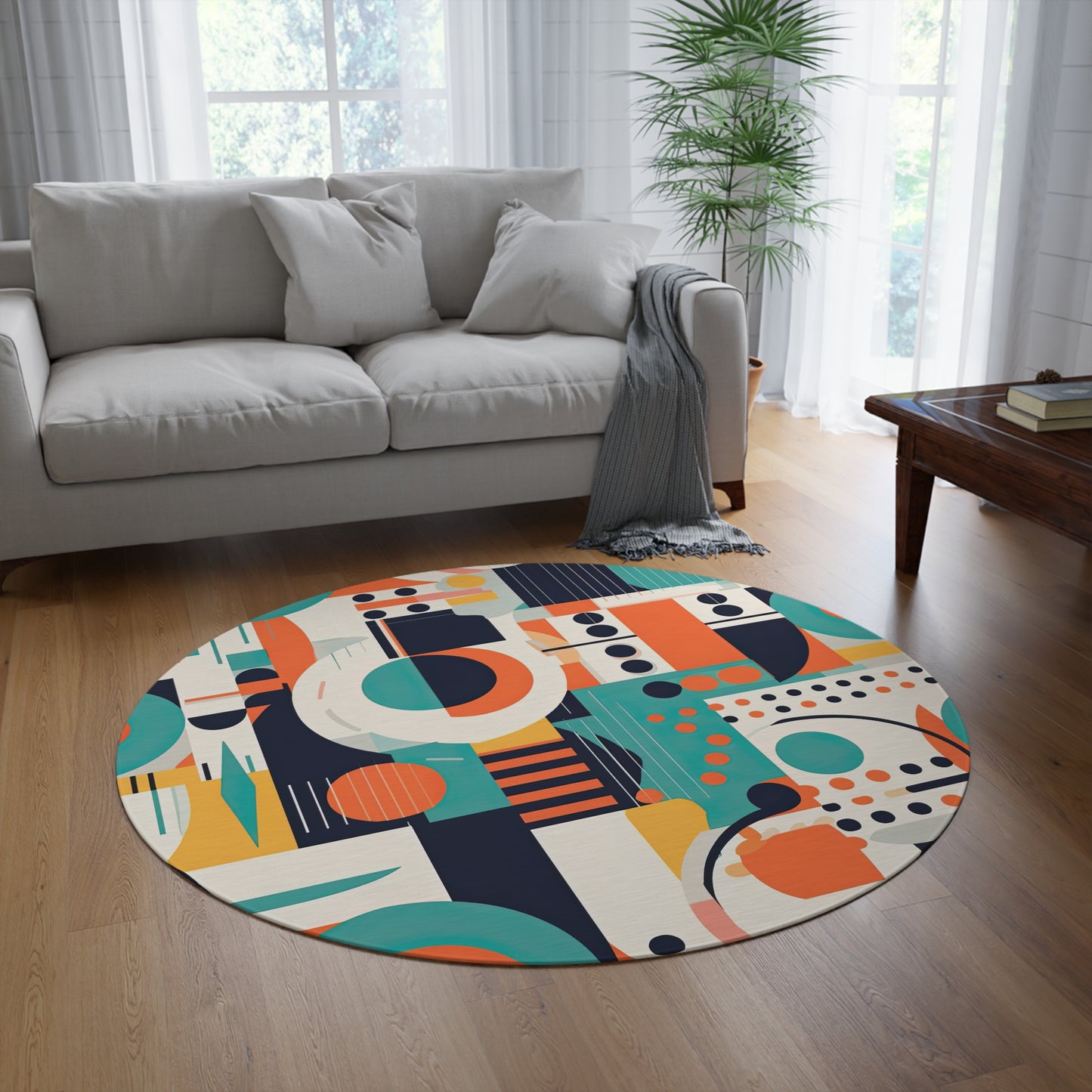 Echoes of the Analog Future. Artistic Retro-Futuristic Round Rug
