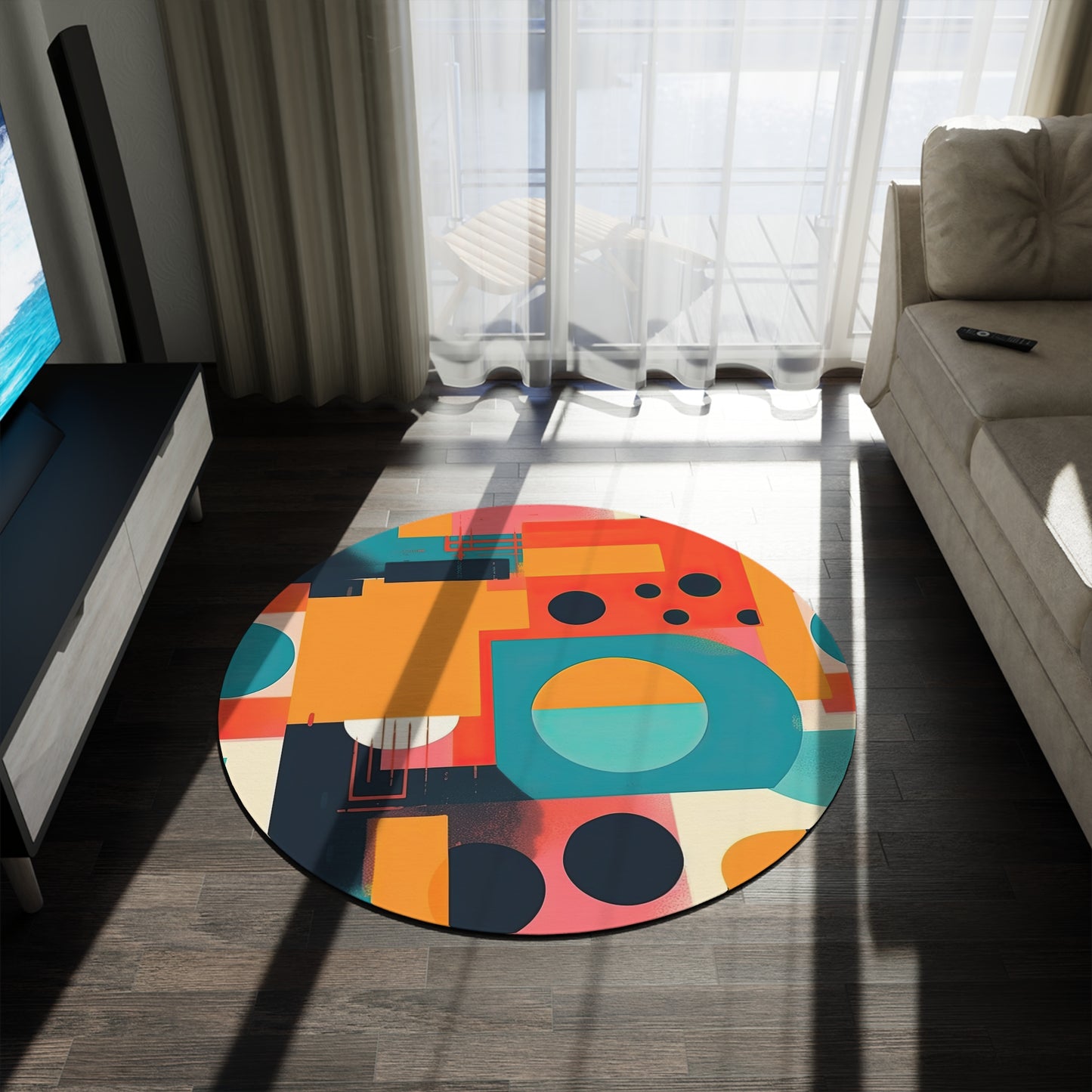 Neon Echoes, Retro Futuristic Round Rug