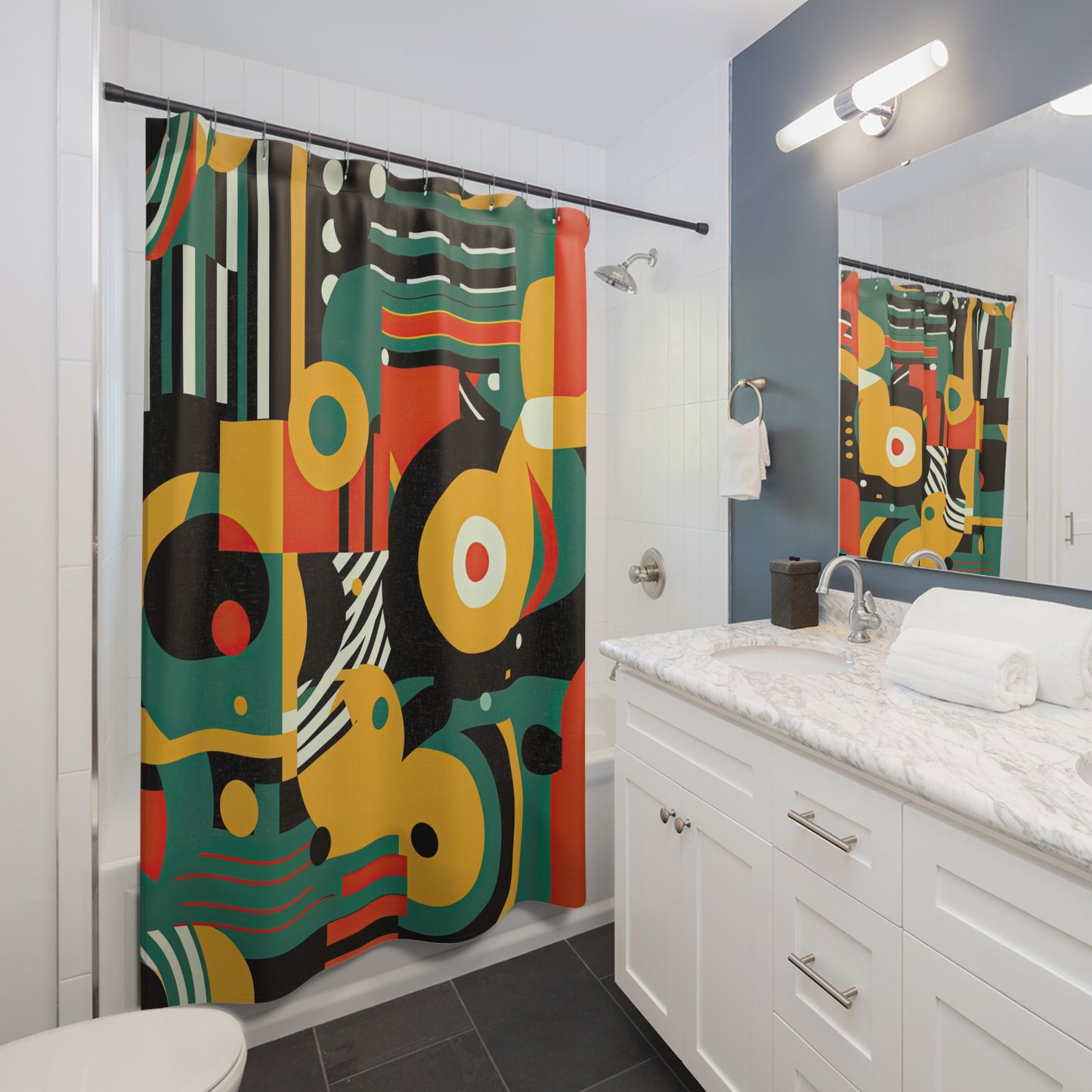 Galactic Groove. Retro-Inspired Futuristic Shower Curtains