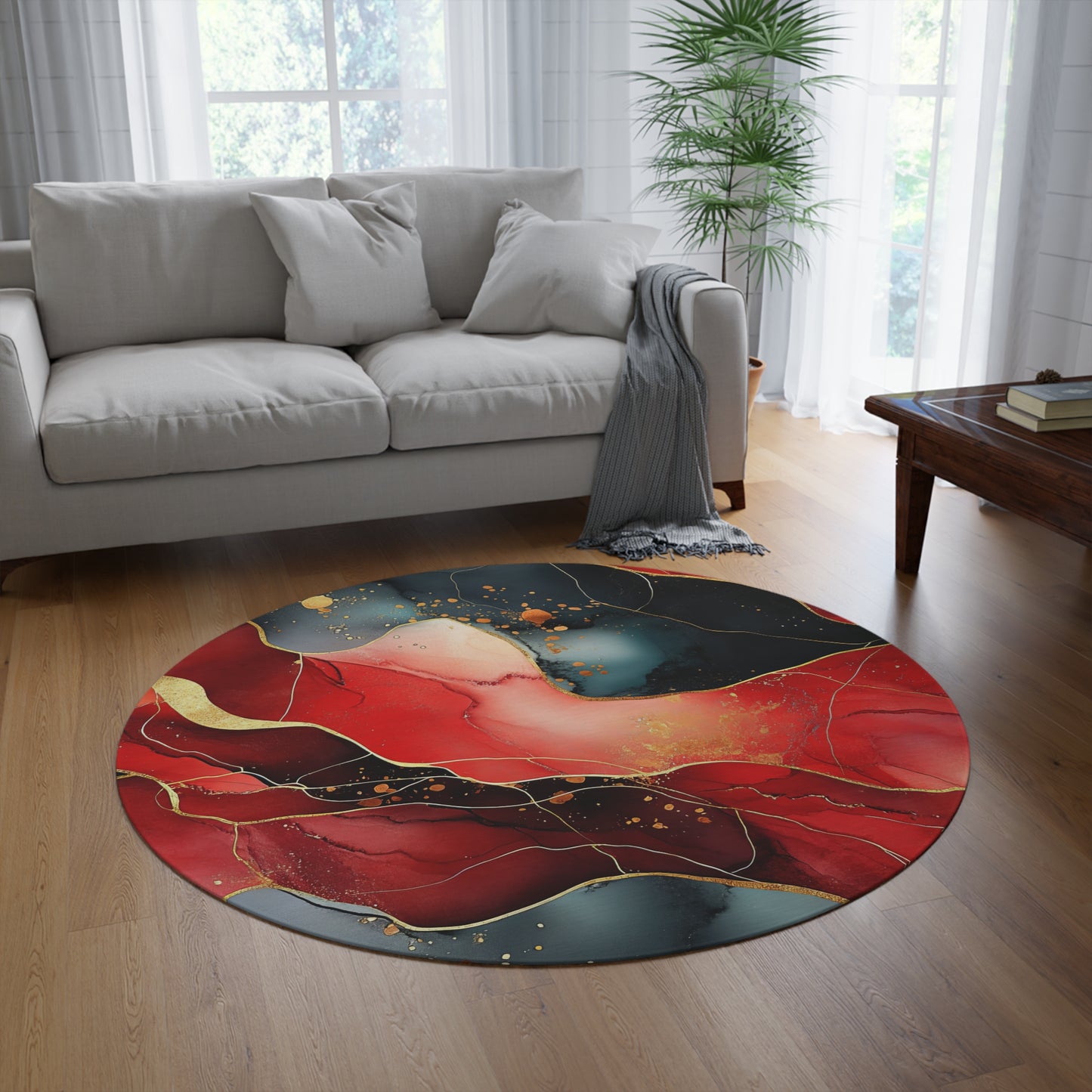 Marbled Cherry Essence. Bohemian Eye Round Rug - Colorful Floor Decor for Vibrant Spaces