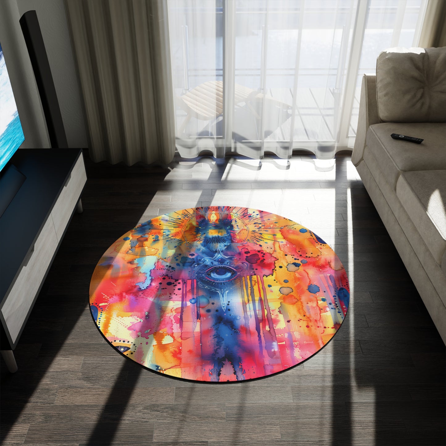 Chromatic Protector. Bohemian Round Rug with Colorful Hand Design – Perfect for Meditation and Home Decor