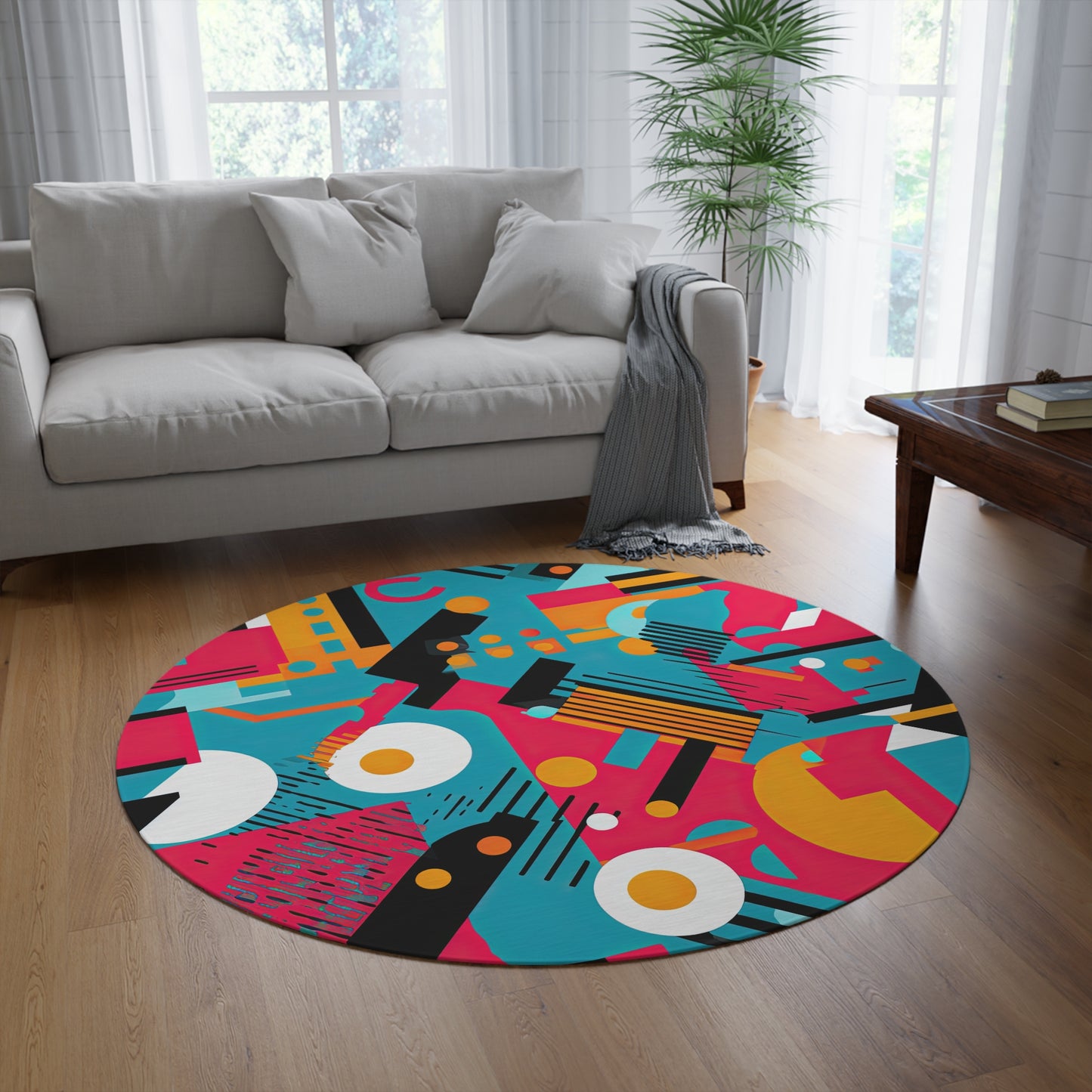 Technicolor Dreamscape. Futuristic Nostalgia Round Rug
