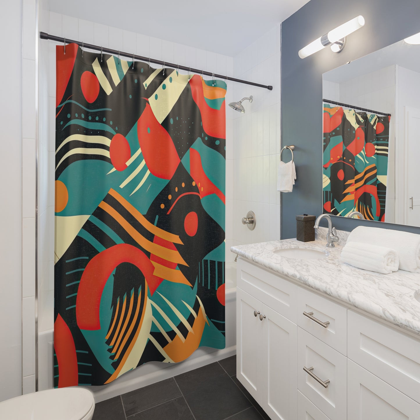 Timeless Techscape. Futuristic Nostalgia Shower Curtains