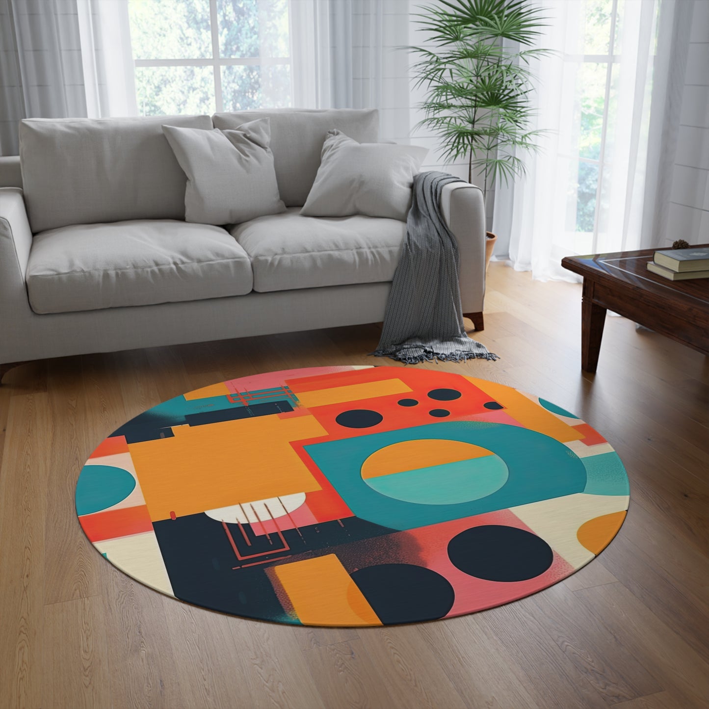 Neon Echoes, Retro Futuristic Round Rug