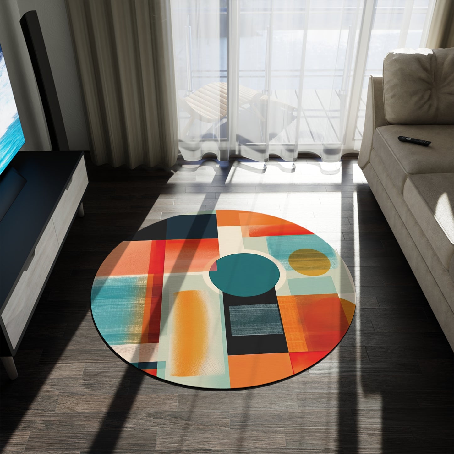 Dimensional Melody. Futuristic Nostalgia Round Rug