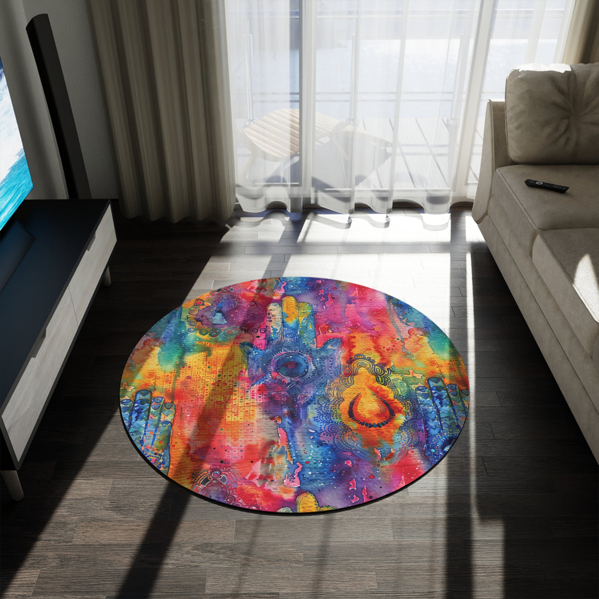 Prismatic Hamsa. Bohemian Eye Round Rug - Colorful Floor Decor for Vibrant Spaces
