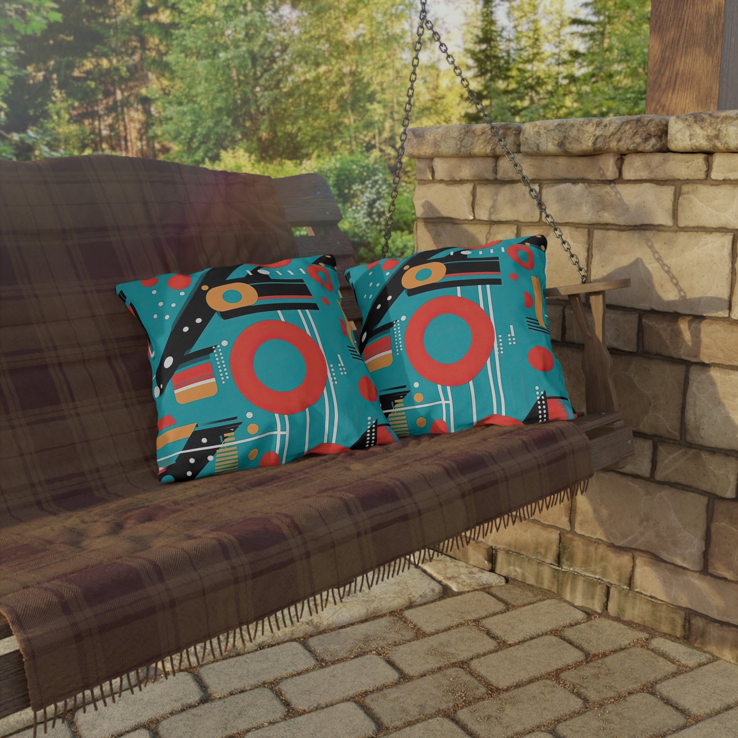 Quantum Rhapsody. Retro-Inspired Futuristic Outdoor Pillows