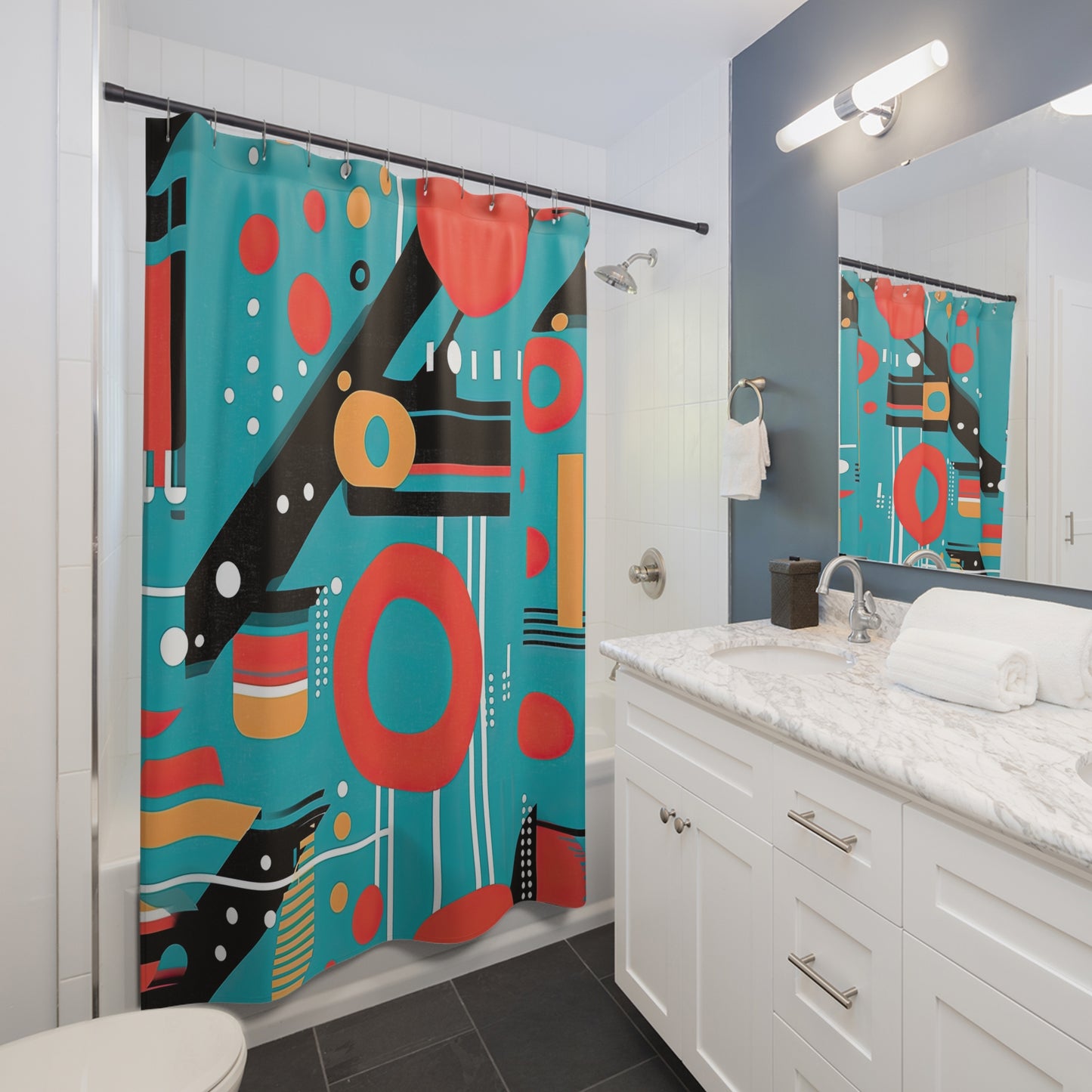 Quantum Rhapsody. Retro-Inspired Futuristic Shower curtain