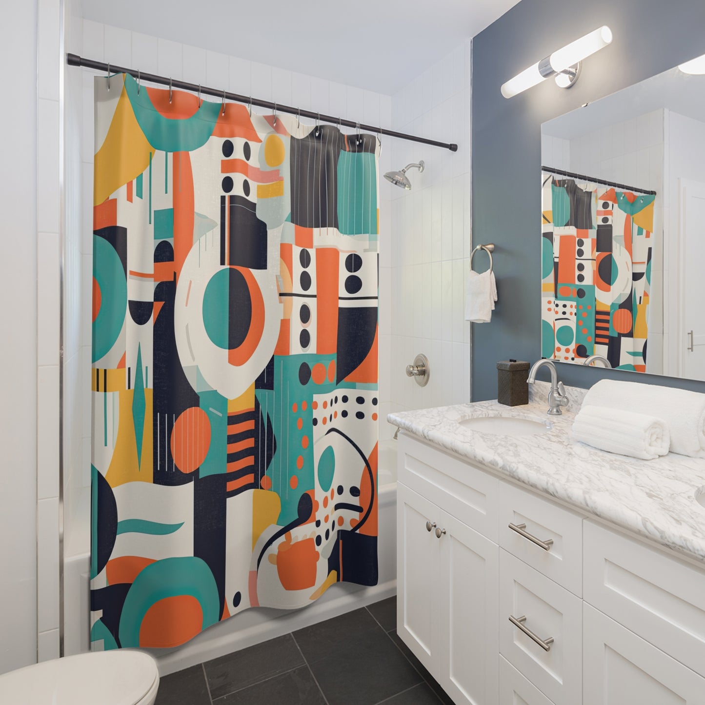Echoes of the Analog Future. Artistic Retro-Futuristic Shower Curtains