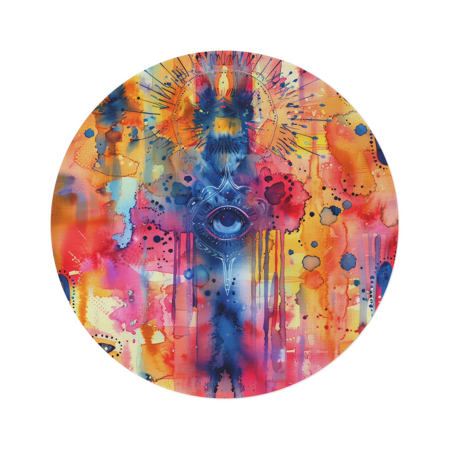 Chromatic Protector. Bohemian Round Rug with Colorful Hand Design – Perfect for Meditation and Home Decor