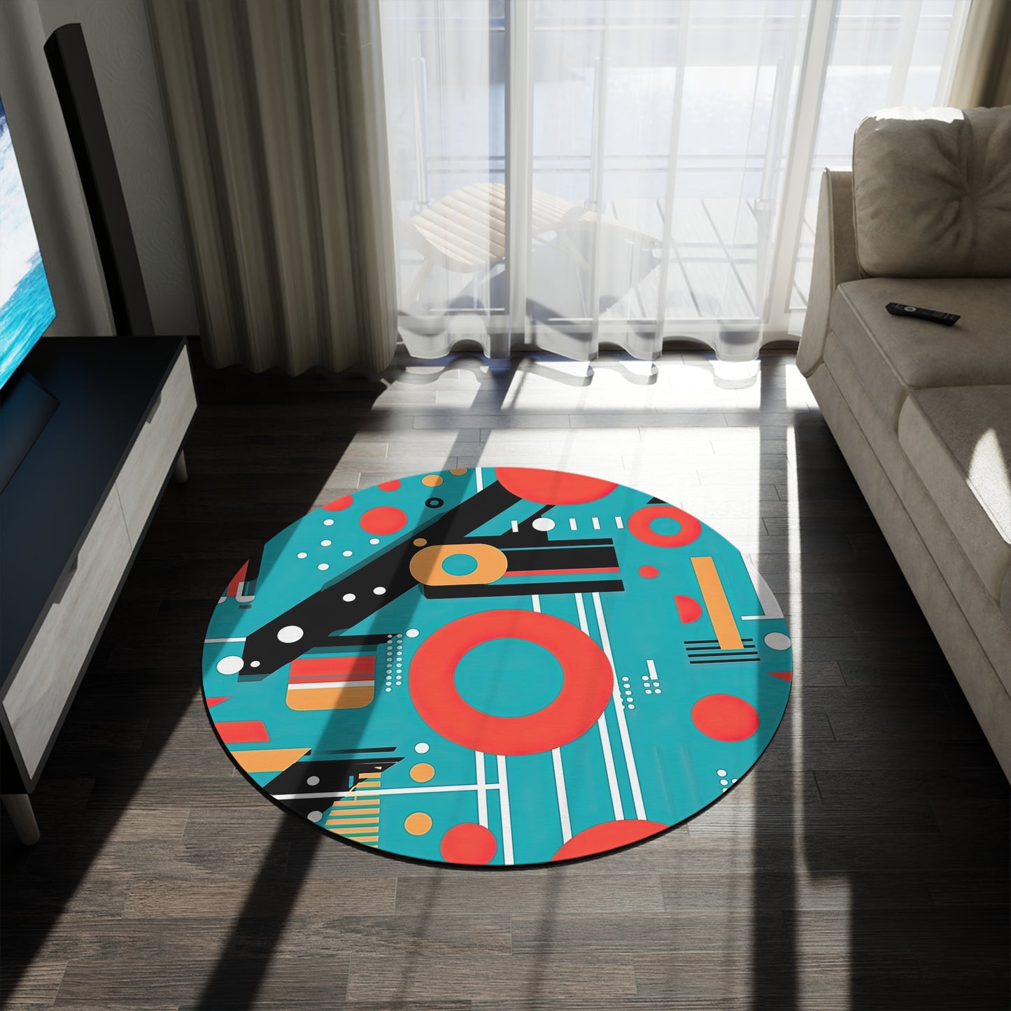 Quantum Rhapsody .Retro-Inspired Futuristic Round Rug