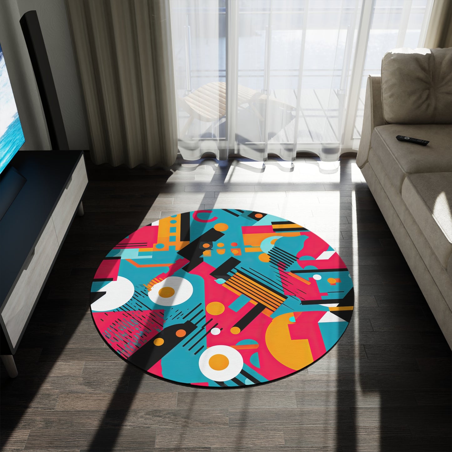 Technicolor Dreamscape. Futuristic Nostalgia Round Rug