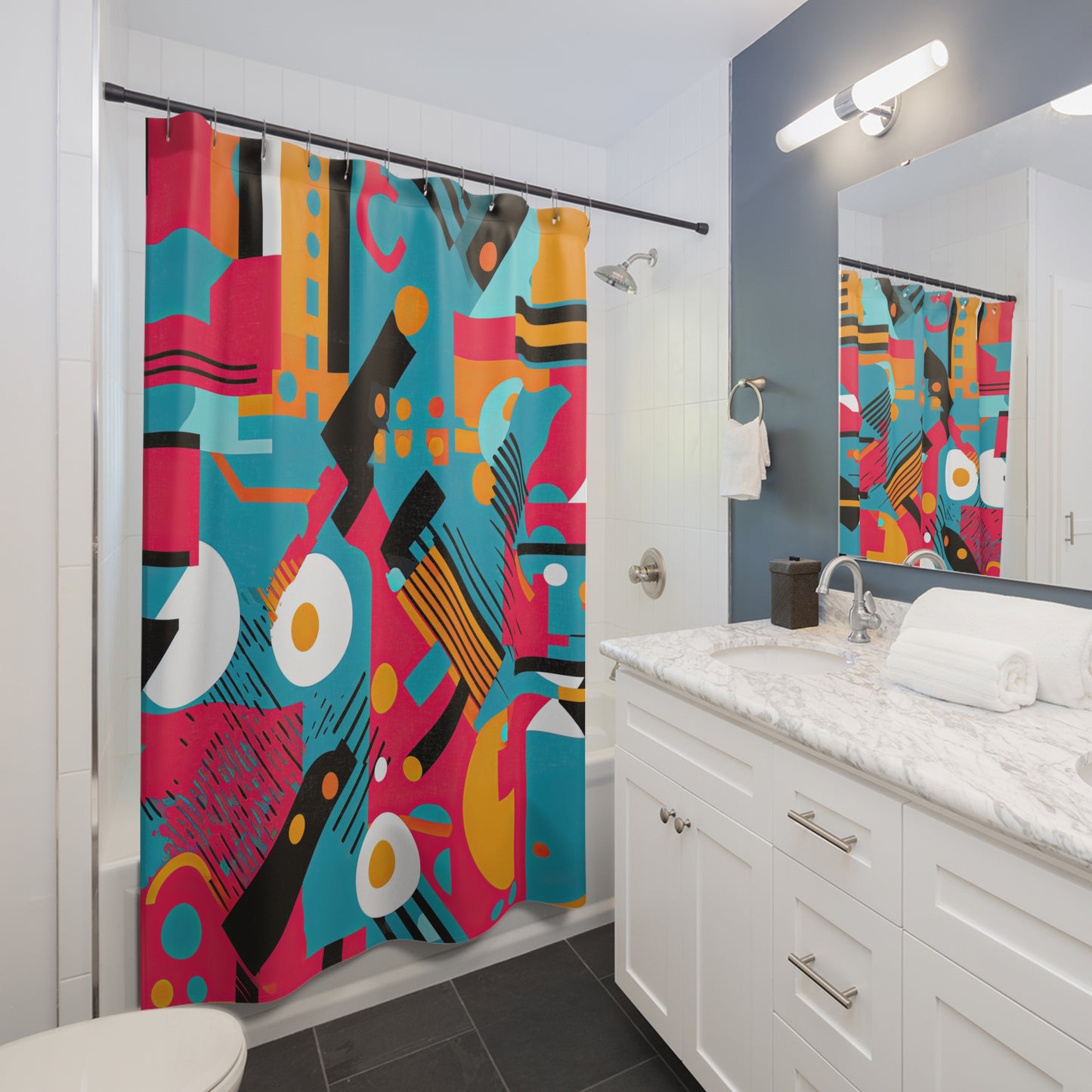 Technicolor Dreamscape. Futuristic Nostalgia Shower Curtains