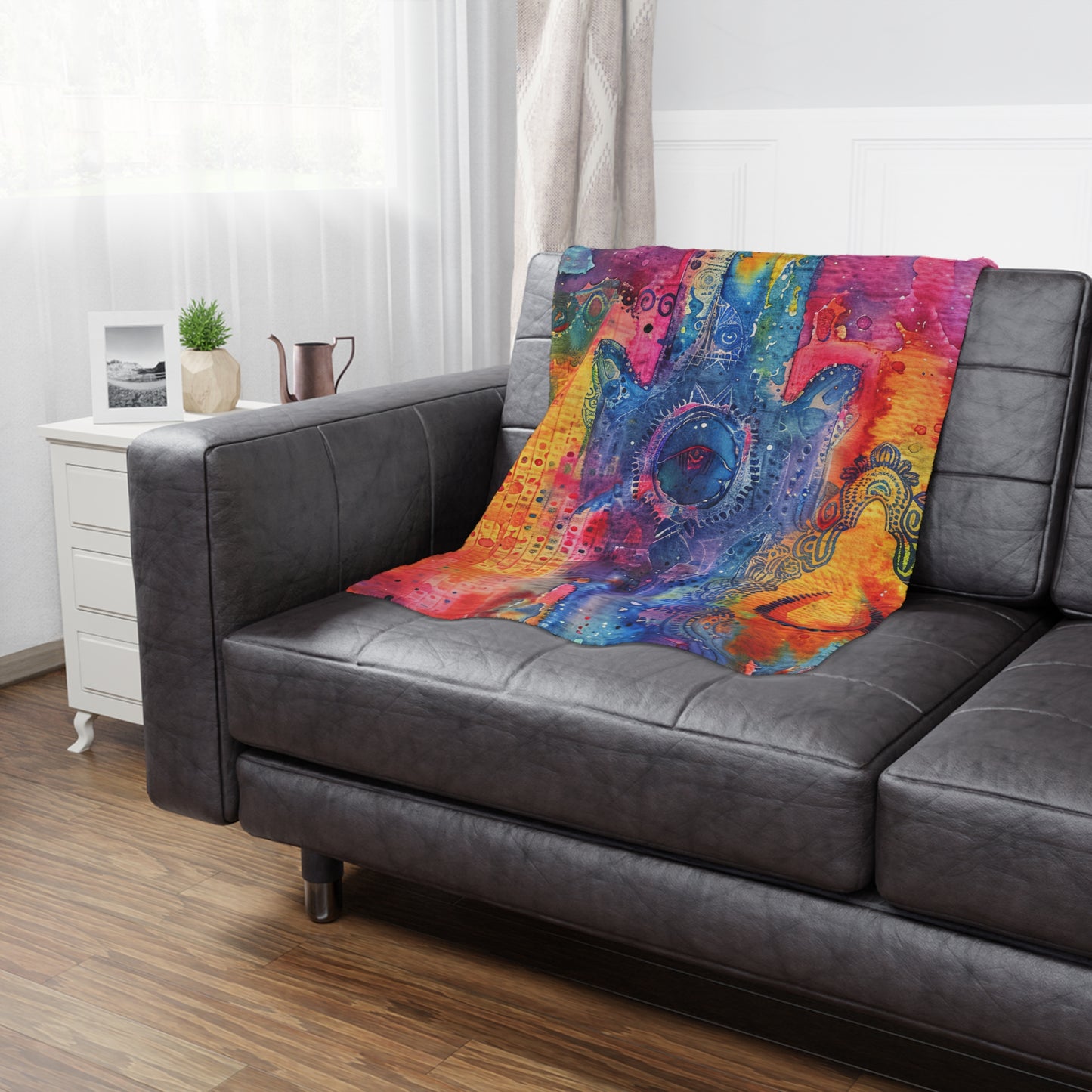 Prismatic Hamsa-topaz. Cozy Artistic Microfiber Blanket.