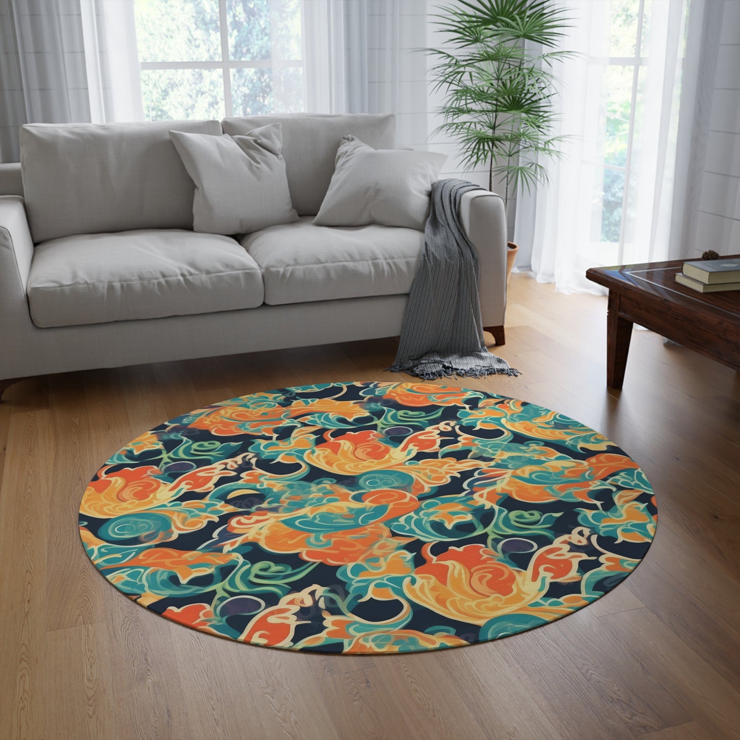 Tangerine Twilight Tapestry. Round Rug