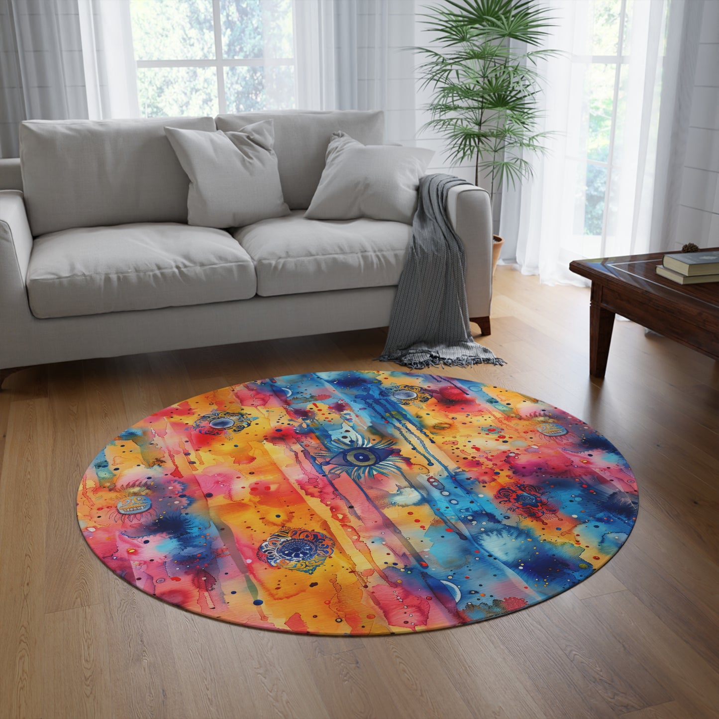 Hamsa bright Aura. Bohemian Eye Round Rug - Colorful Floor Decor for Vibrant Spaces