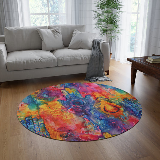 Prismatic Hamsa. Bohemian Eye Round Rug - Colorful Floor Decor for Vibrant Spaces