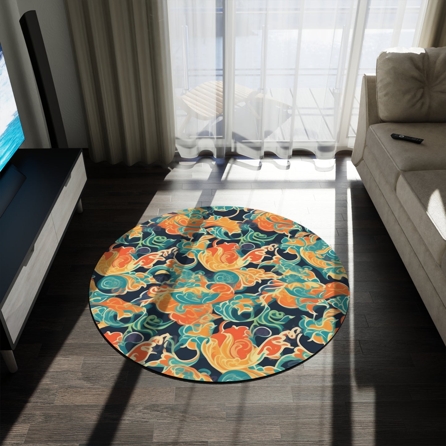 Tangerine Twilight Tapestry. Round Rug