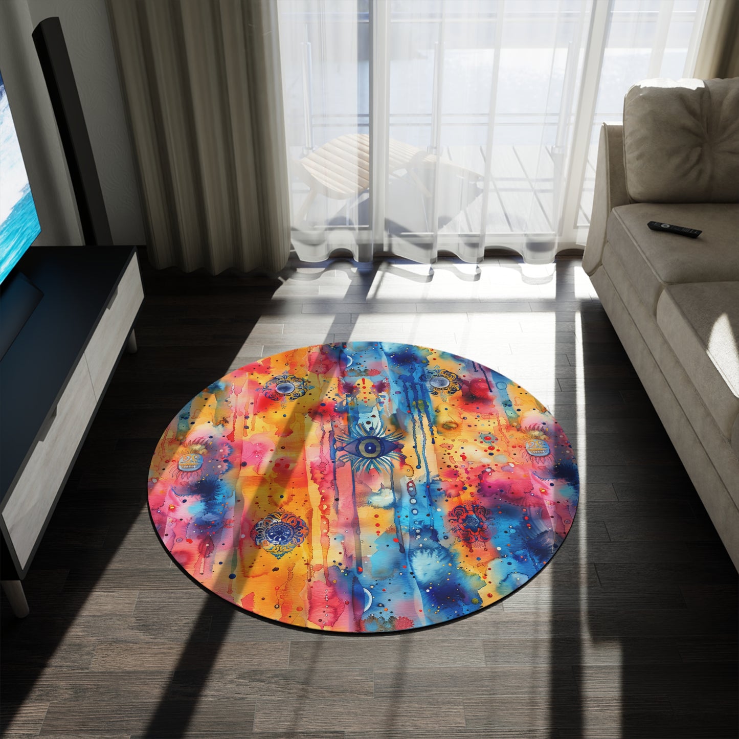 Hamsa bright Aura. Bohemian Eye Round Rug - Colorful Floor Decor for Vibrant Spaces