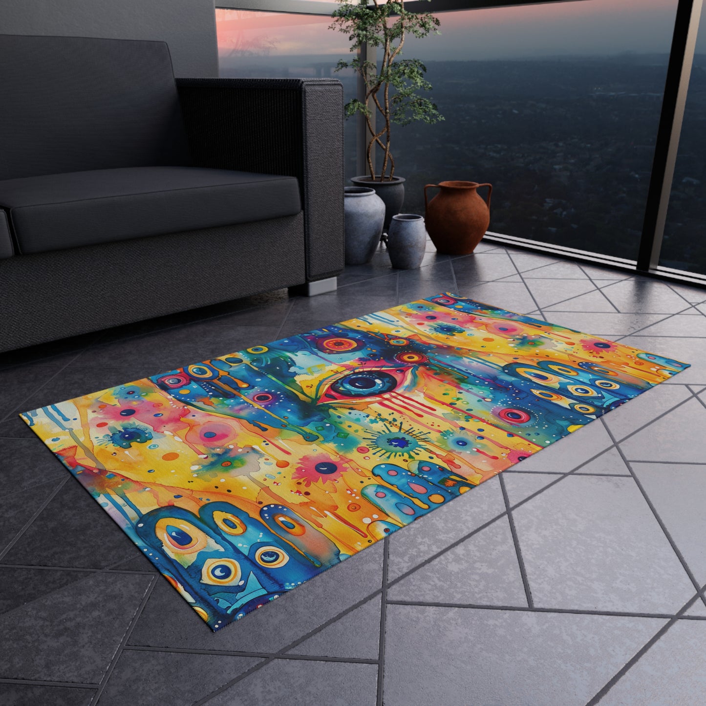 Aurora Talisman . Vibrant Eye Pattern Outdoor Rug – Colorful Bohemian Patio Decor