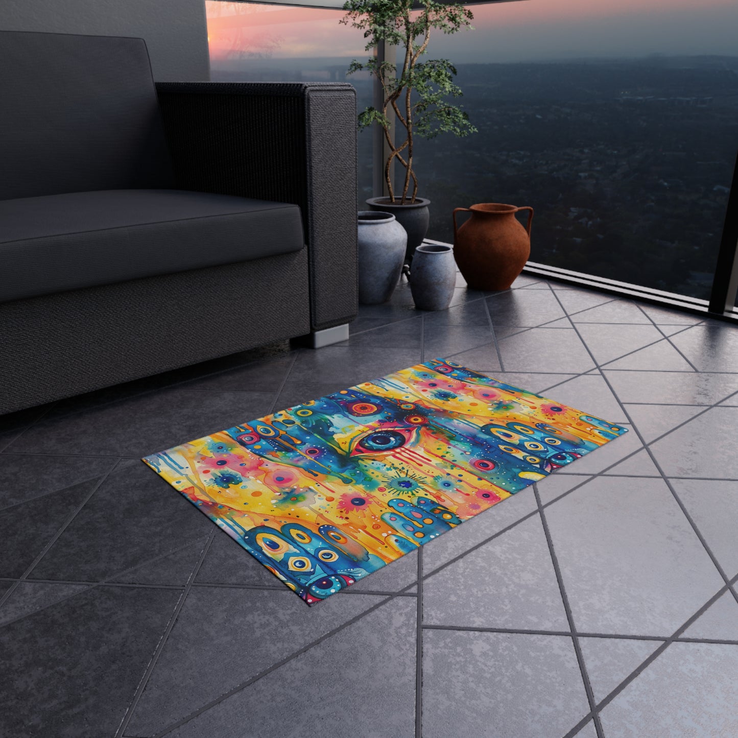 Aurora Talisman . Vibrant Eye Pattern Outdoor Rug – Colorful Bohemian Patio Decor