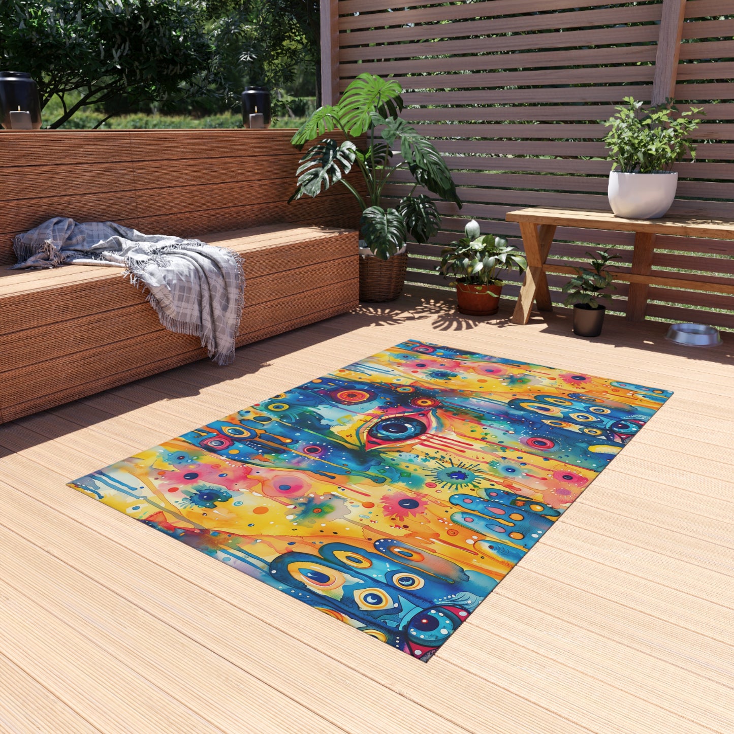 Aurora Talisman . Vibrant Eye Pattern Outdoor Rug – Colorful Bohemian Patio Decor