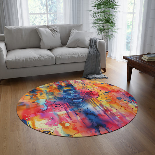 Chromatic Protector. Bohemian Round Rug with Colorful Hand Design – Perfect for Meditation and Home Decor