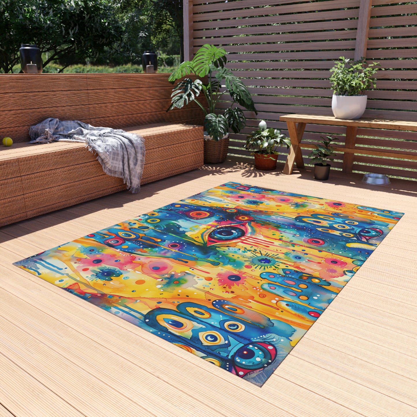 Aurora Talisman . Vibrant Eye Pattern Outdoor Rug – Colorful Bohemian Patio Decor