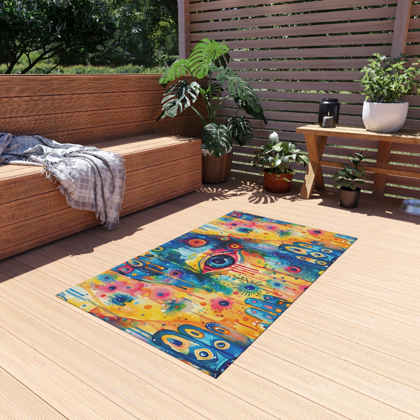 Aurora Talisman . Vibrant Eye Pattern Outdoor Rug – Colorful Bohemian Patio Decor