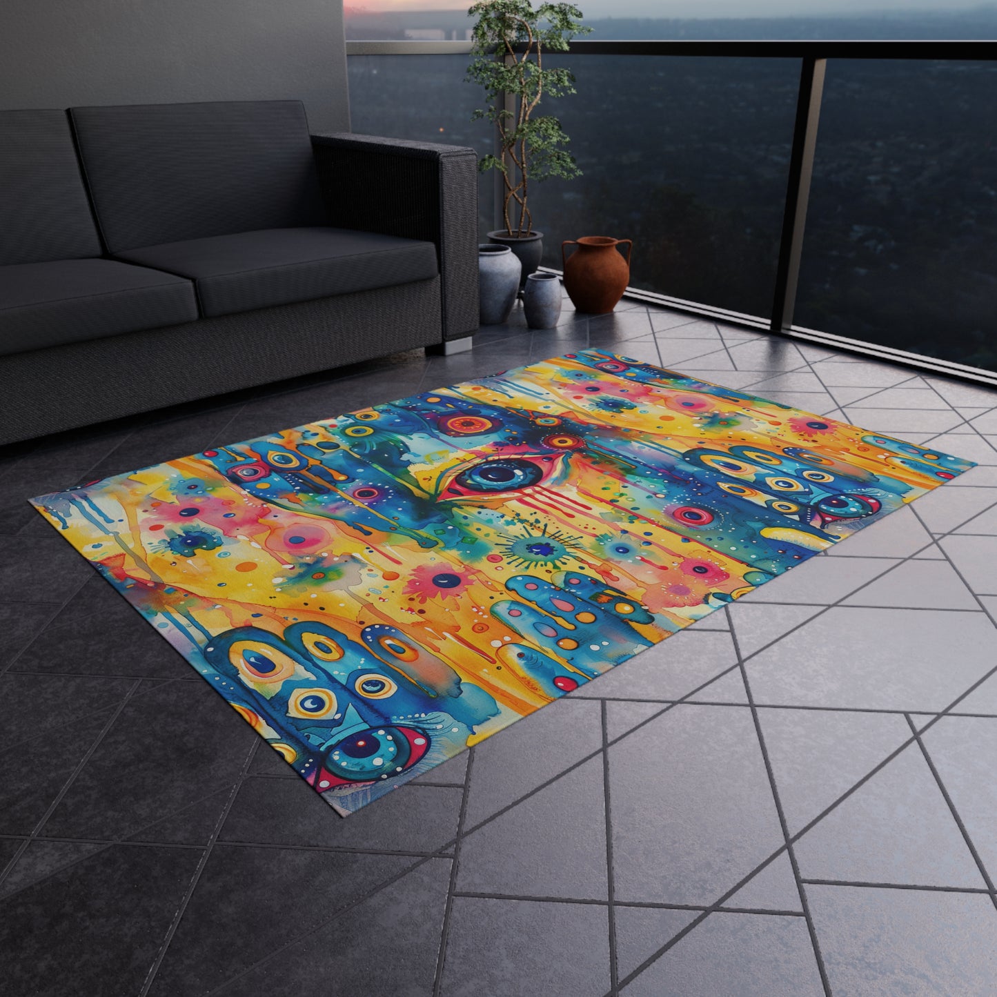 Aurora Talisman . Vibrant Eye Pattern Outdoor Rug – Colorful Bohemian Patio Decor