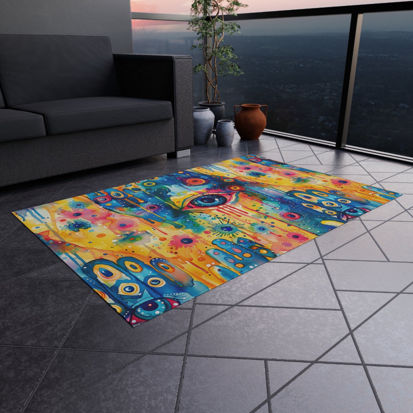 Aurora Talisman . Vibrant Eye Pattern Outdoor Rug – Colorful Bohemian Patio Decor