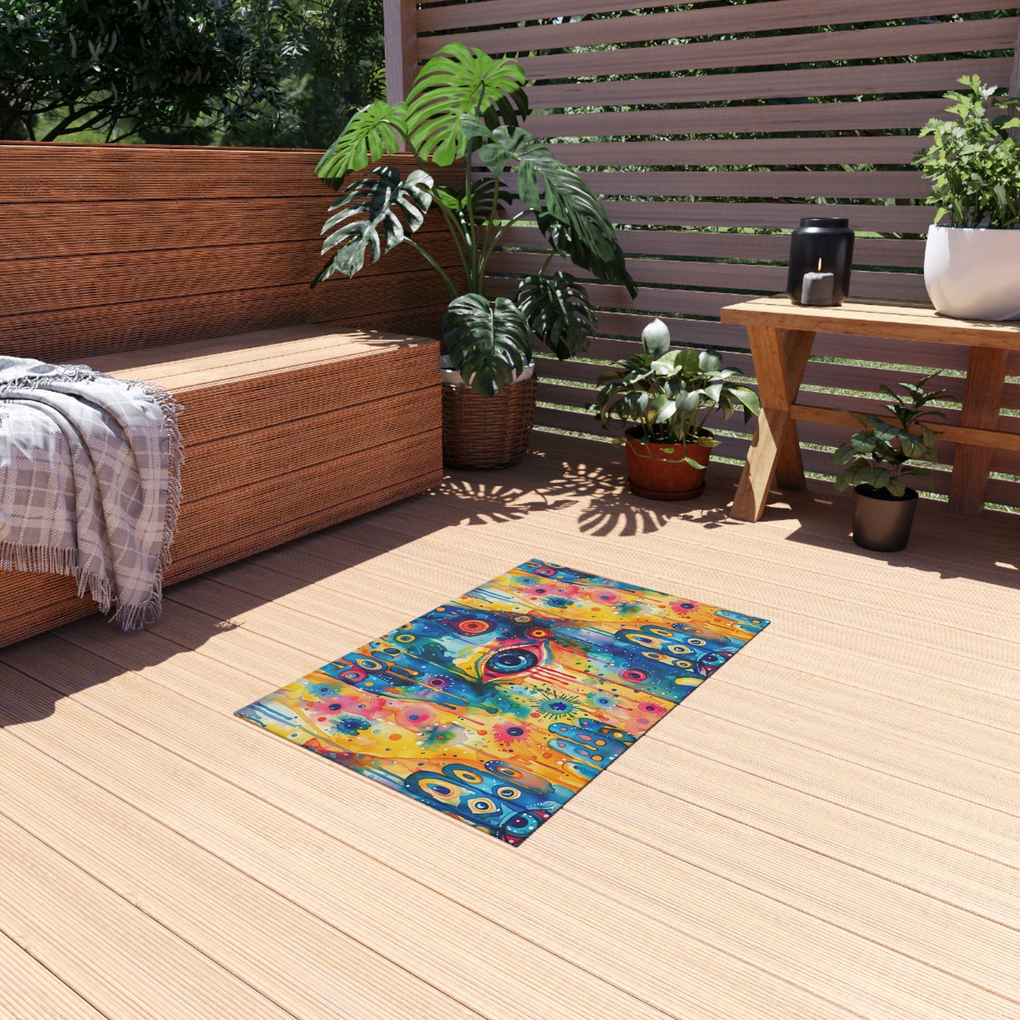 Aurora Talisman . Vibrant Eye Pattern Outdoor Rug – Colorful Bohemian Patio Decor